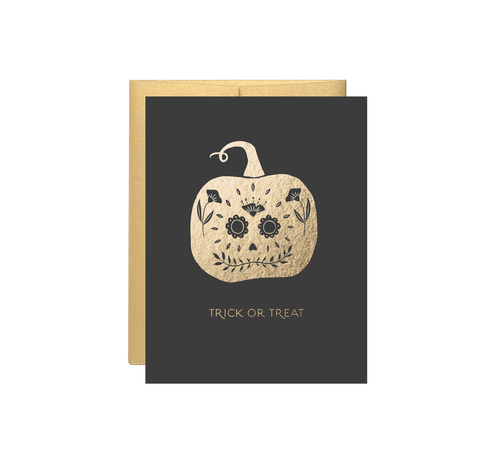 Trick or Treat Sugar skull Pumpkin Gold Foil Halloween Card